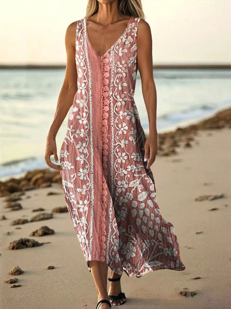 Women's Vintage Ethnic Floral Art Print V-neck Casual T-Shirt