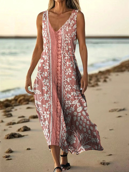 Women's Vintage Ethnic Floral Art Print V-neck Casual T-Shirt