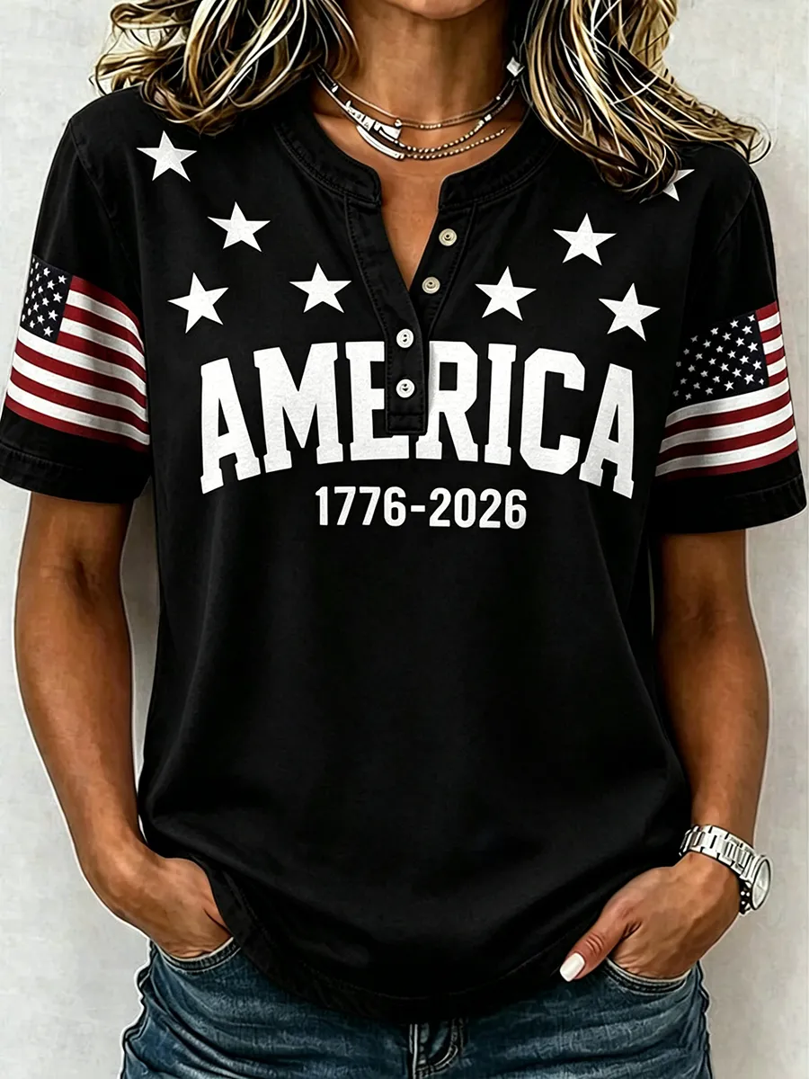 Women's 1776 Independence Day Flag Print Casual T-shirt