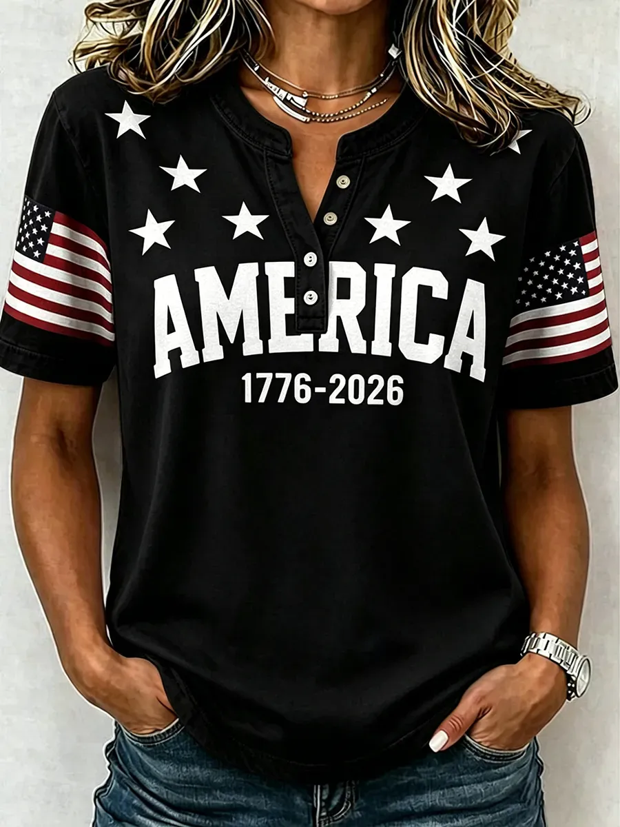 Women's 1776 Independence Day Flag Print Casual T-shirt