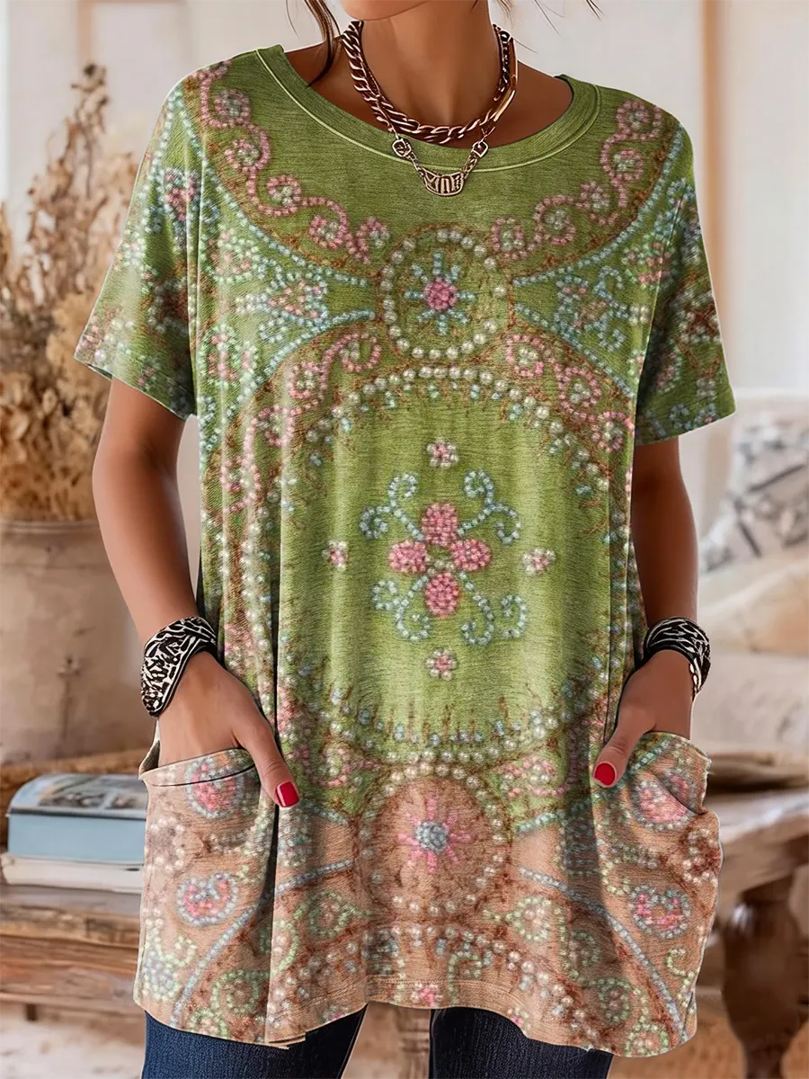 Women's Vintage Beaded Floral Pattern Art Print Casual Short-sleeve Crew Neck Pocket Cotton T-shirt