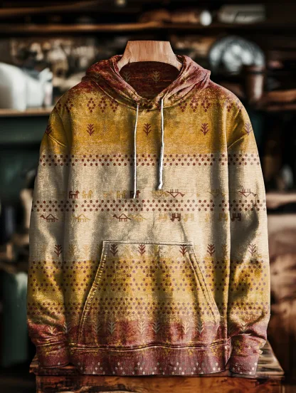 Unisex Vintage Ethnic Gradient Totem Art Print Leisure Pocket Hooded Drawstring Sweatshirt