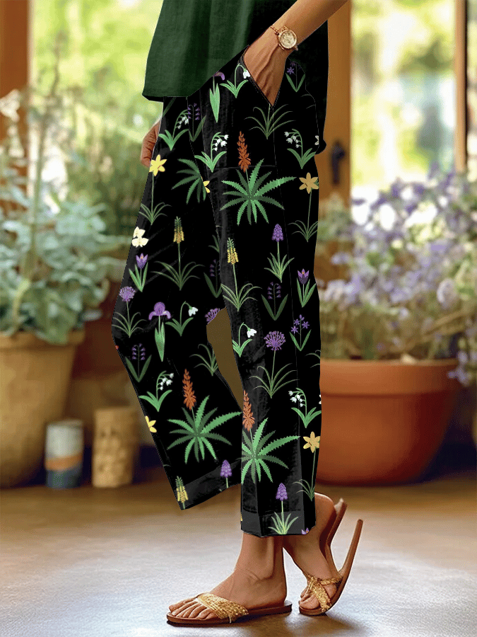 Women's Forest Floral Print Casual Pants (With Pockets)