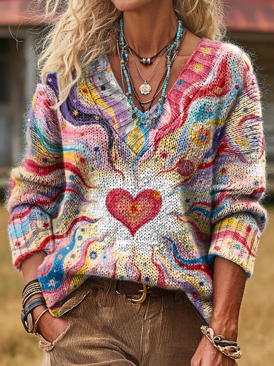 Colorful Heart Art Print Casual Long-Sleeve V-Neck Knit Sweater