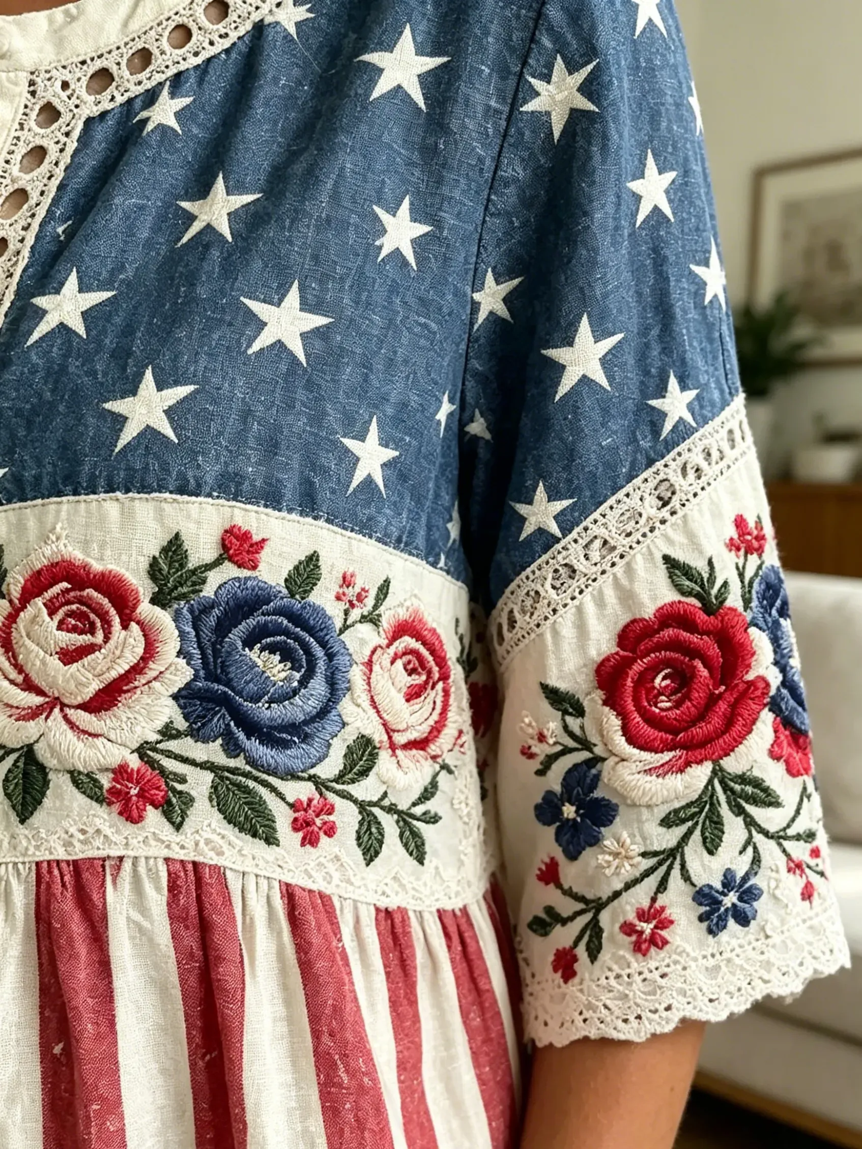 Women's American Flag Floral Art Print Top With Lace Trim
