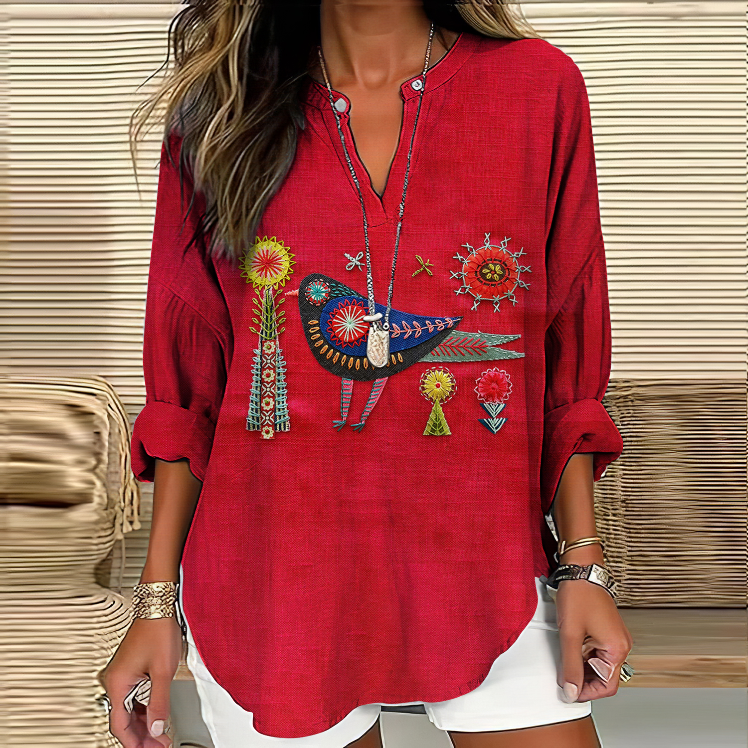 Women's Floral And Bird Embroidery Art Pattern Cotton And Linen V-neck Shirt