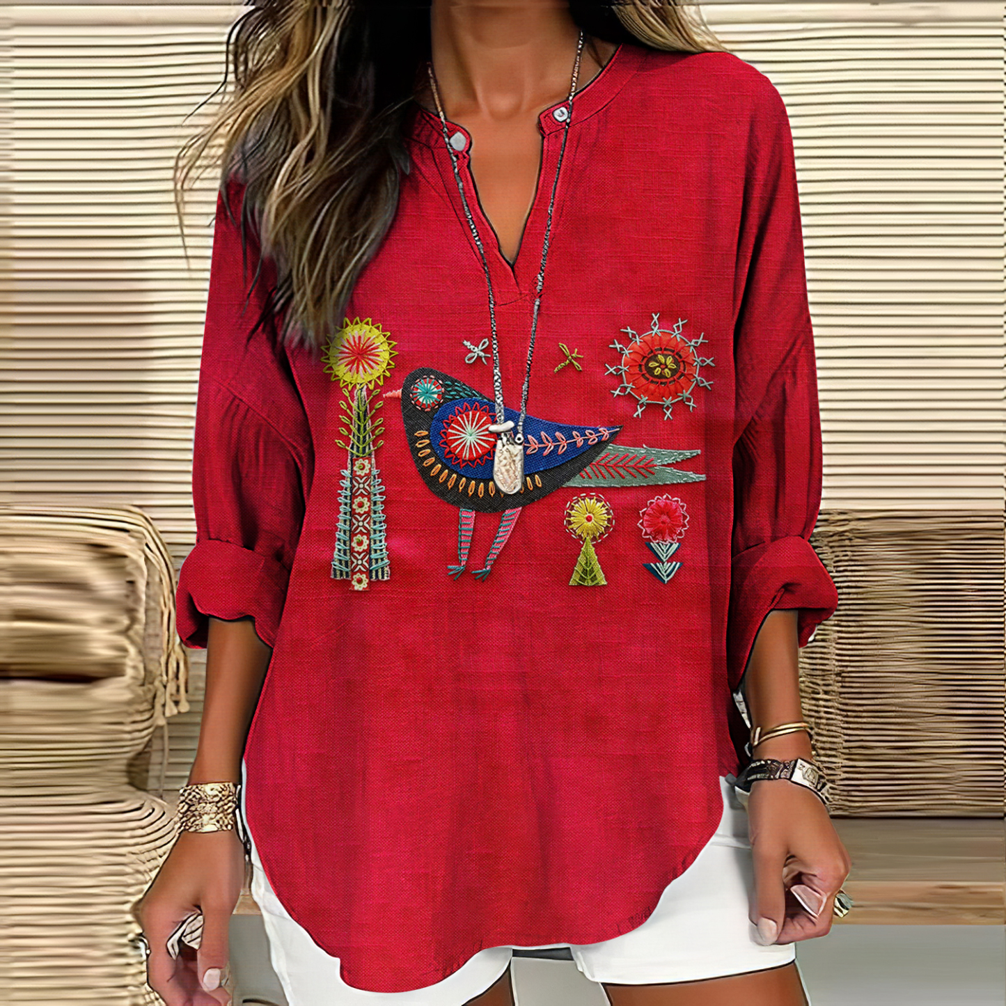 Women's Floral And Bird Embroidery Art Pattern Cotton And Linen V-neck