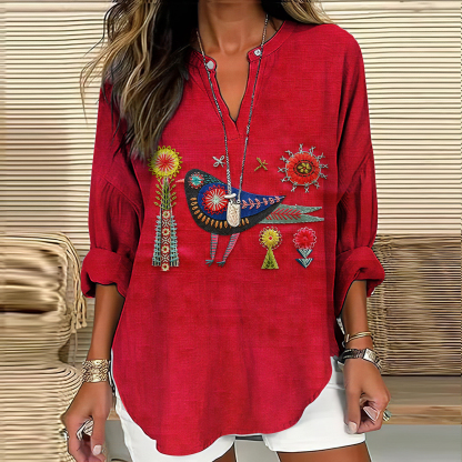 Women's Floral And Bird Embroidery Art Pattern Cotton And Linen V-neck Shirt