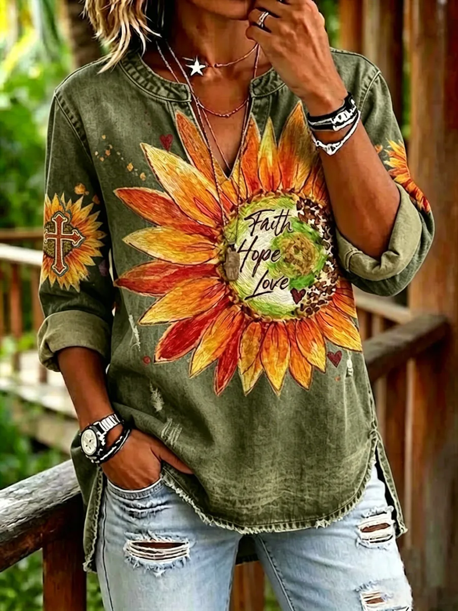 Women'S Casual Floral Faith Print Top