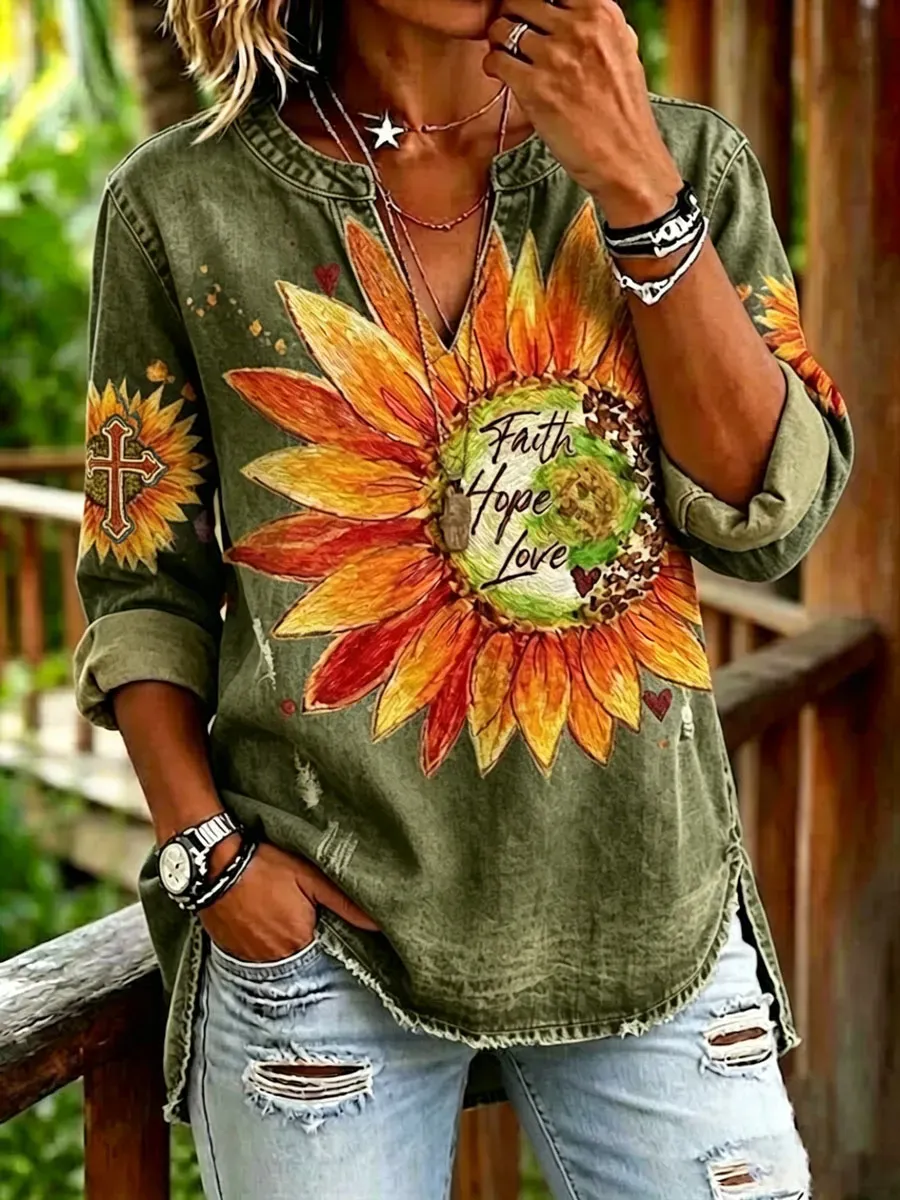 Women'S Casual Floral Faith Print Top