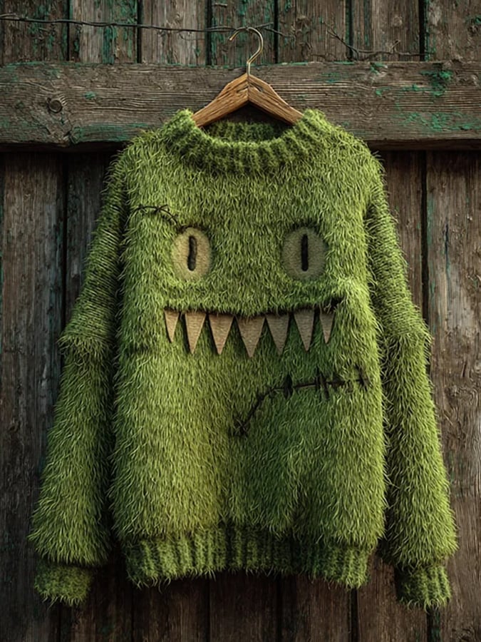 Women's Halloween Plush Monster Face Cozy Knit Sweater