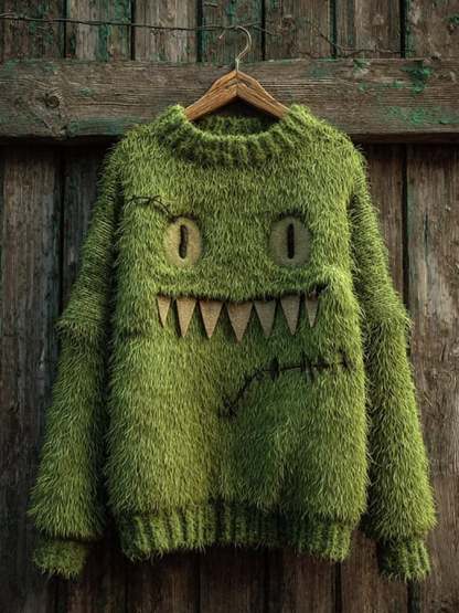 Women's Halloween Plush Monster Face Cozy Knit Sweater