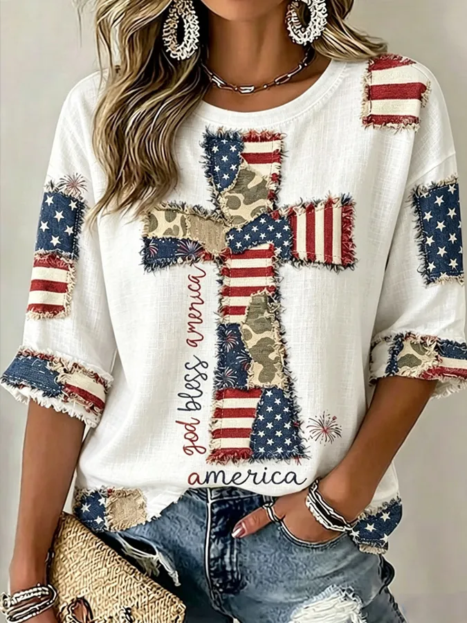 Women'S Flag, Faith, Art, Seven Quarter Sleeve Round Neck Linen Top