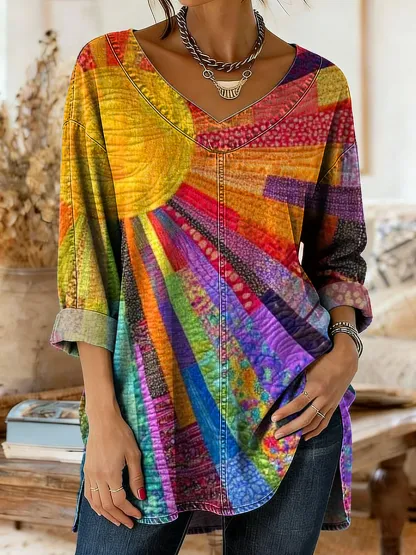 Women's Retro Colorful Sun Art Print Casual Long Sleeve V-Neck Washed Cotton Denim Top