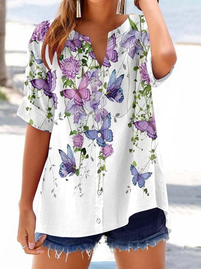 Women's Retro Botanical Floral Button Design V-Neck Three-Quarter Slee