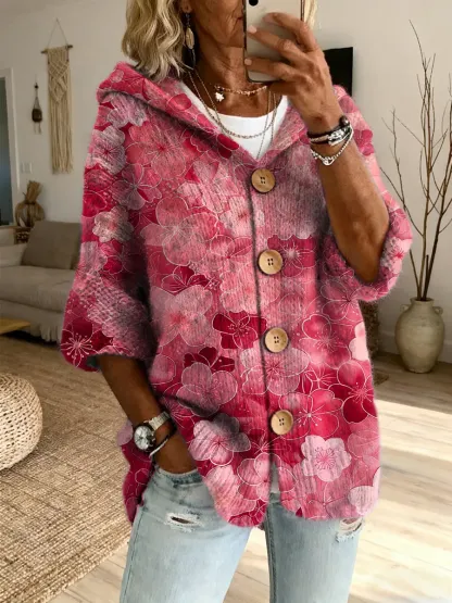 Ethnicity Colorful Flowers Women's Art Print Casual Hooded Cardigan Sweater
