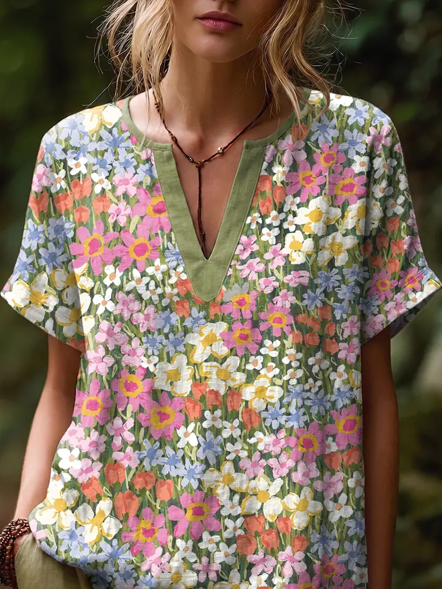 Ethnicity Bohemia Flowers Women's Art Print Casual Short-sleeve V-neck Cotton Linen Shirt