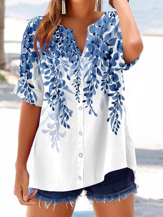 Women's Retro Botanical Floral Button Design V-Neck Three-Quarter Sleeve Shirt