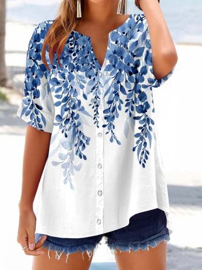 Women's Retro Botanical Floral Button Design V-Neck Three-Quarter Sleeve Shirt