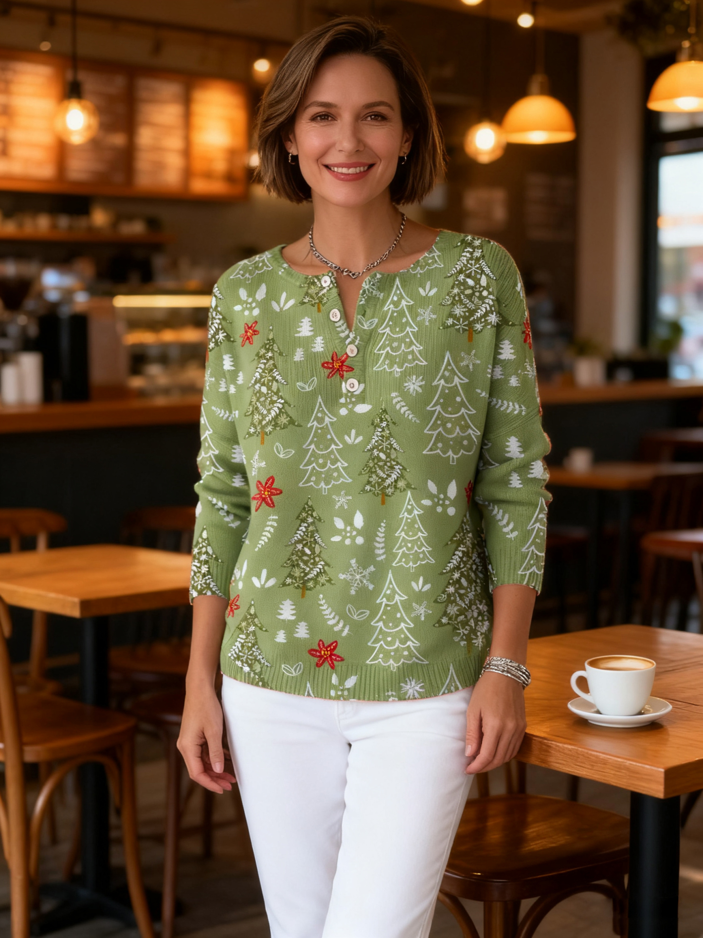 Women's Christmas Tree Pattern Art Print Buttoned Cardigan Sweater