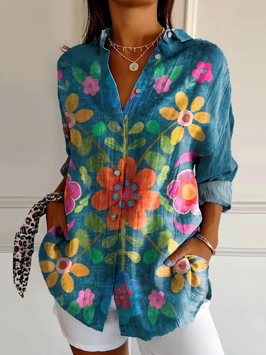 Women's Bohemian Floral Art Print Casual Cotton Linen Shirt
