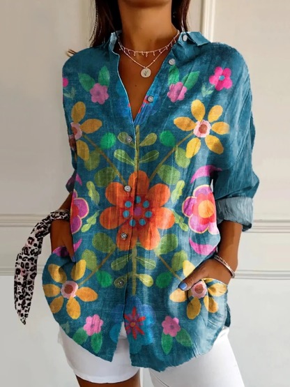 Women's Bohemian Floral Art Print Casual Cotton Linen Shirt