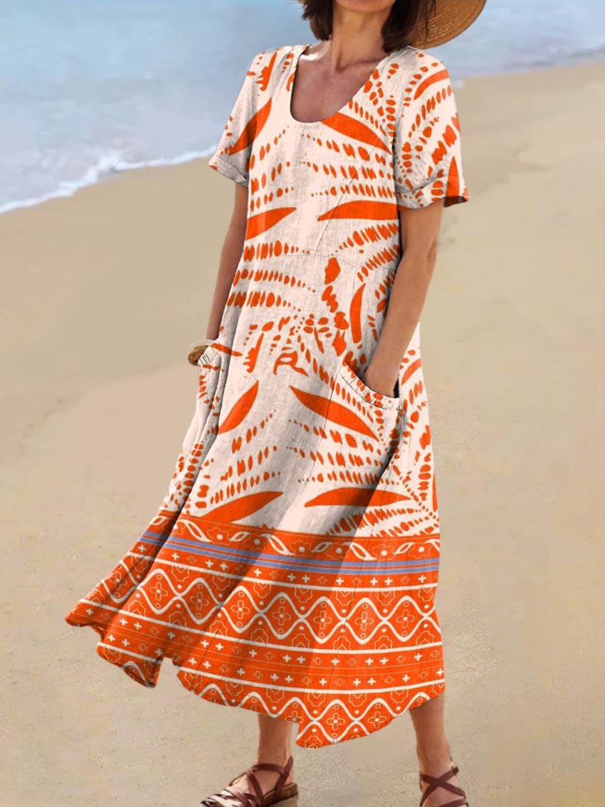 Women's Lovely Floral Art Print Casual Cotton Linen Pocket Dress