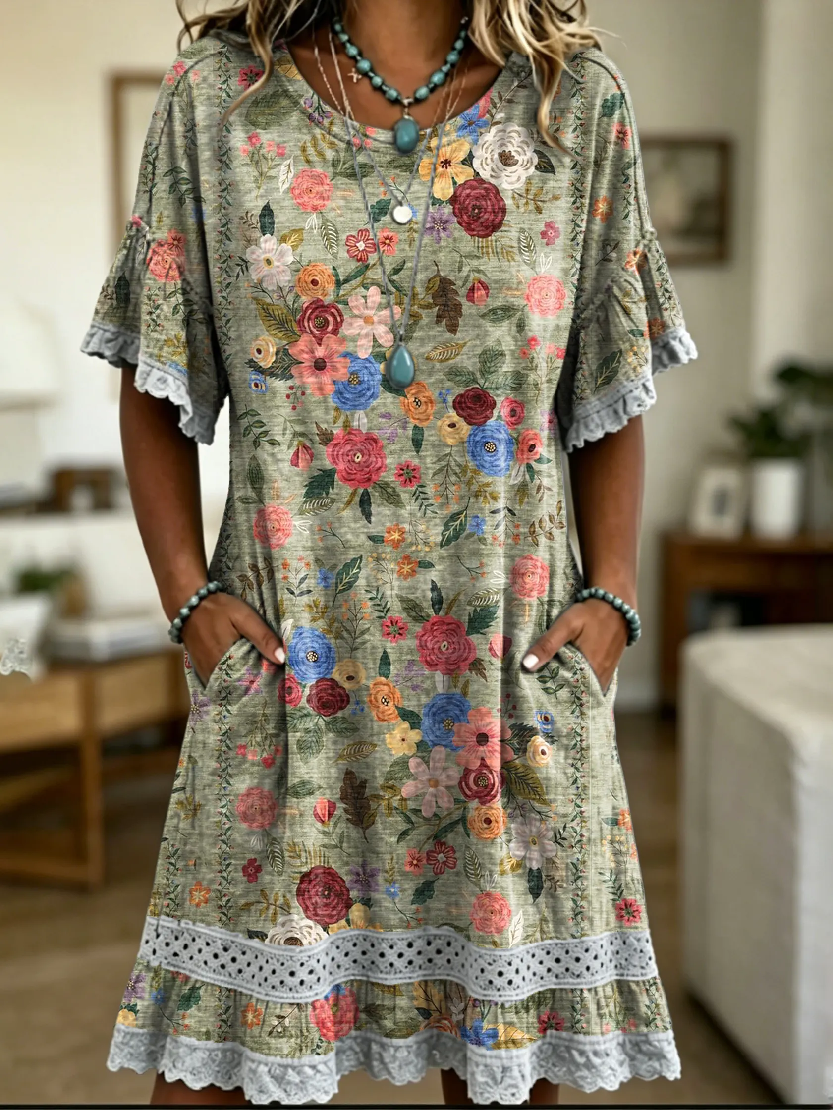 Women's Floral Print Lace Cutout Dress