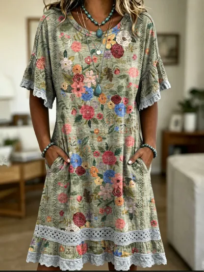 Women's Floral Print Lace Cutout Dress