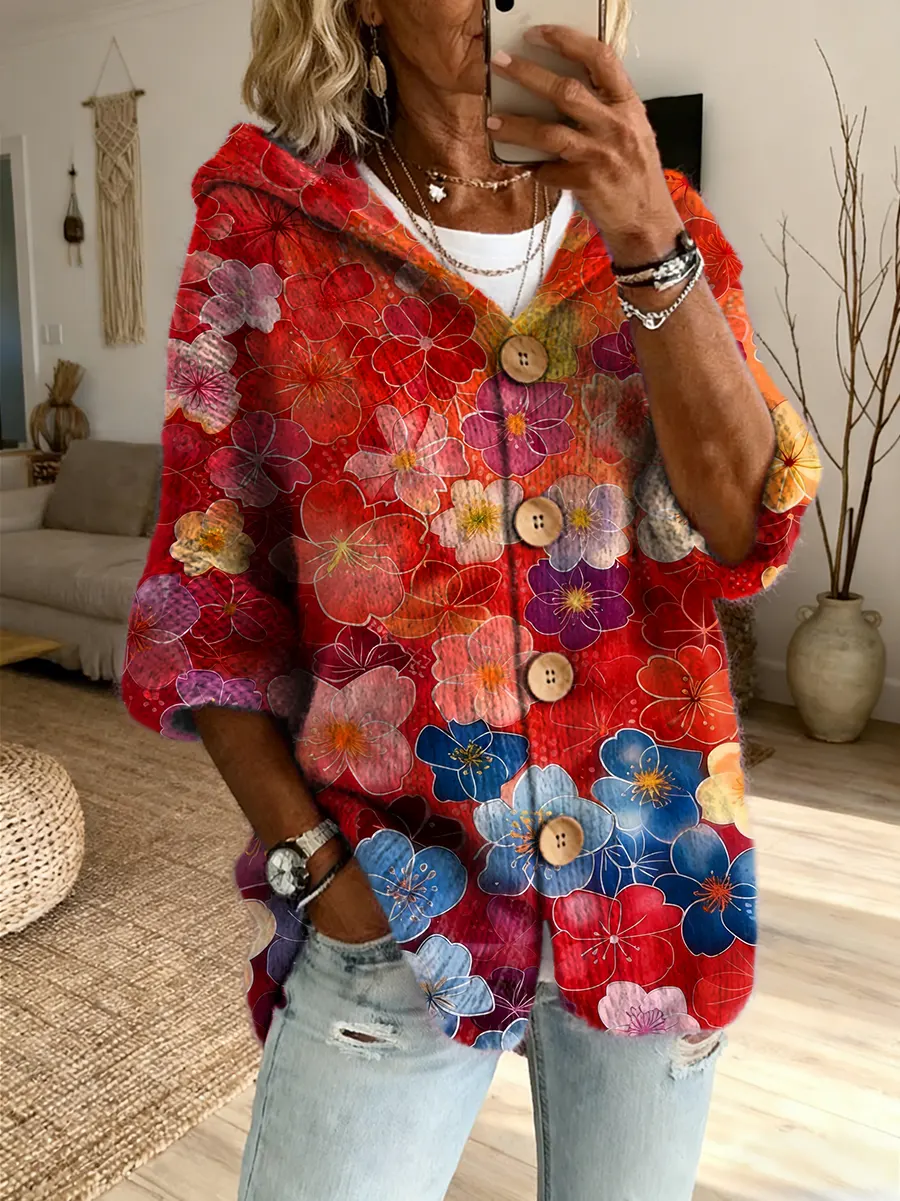 Ethnicity Colorful Flowers Women's Art Print Casual Hooded Cardigan Sweater