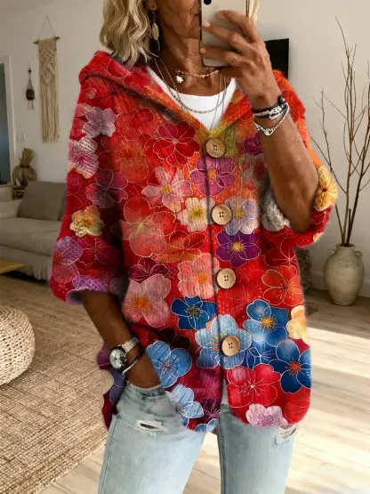 Ethnicity Colorful Flowers Women's Art Print Casual Hooded Cardigan Sweater