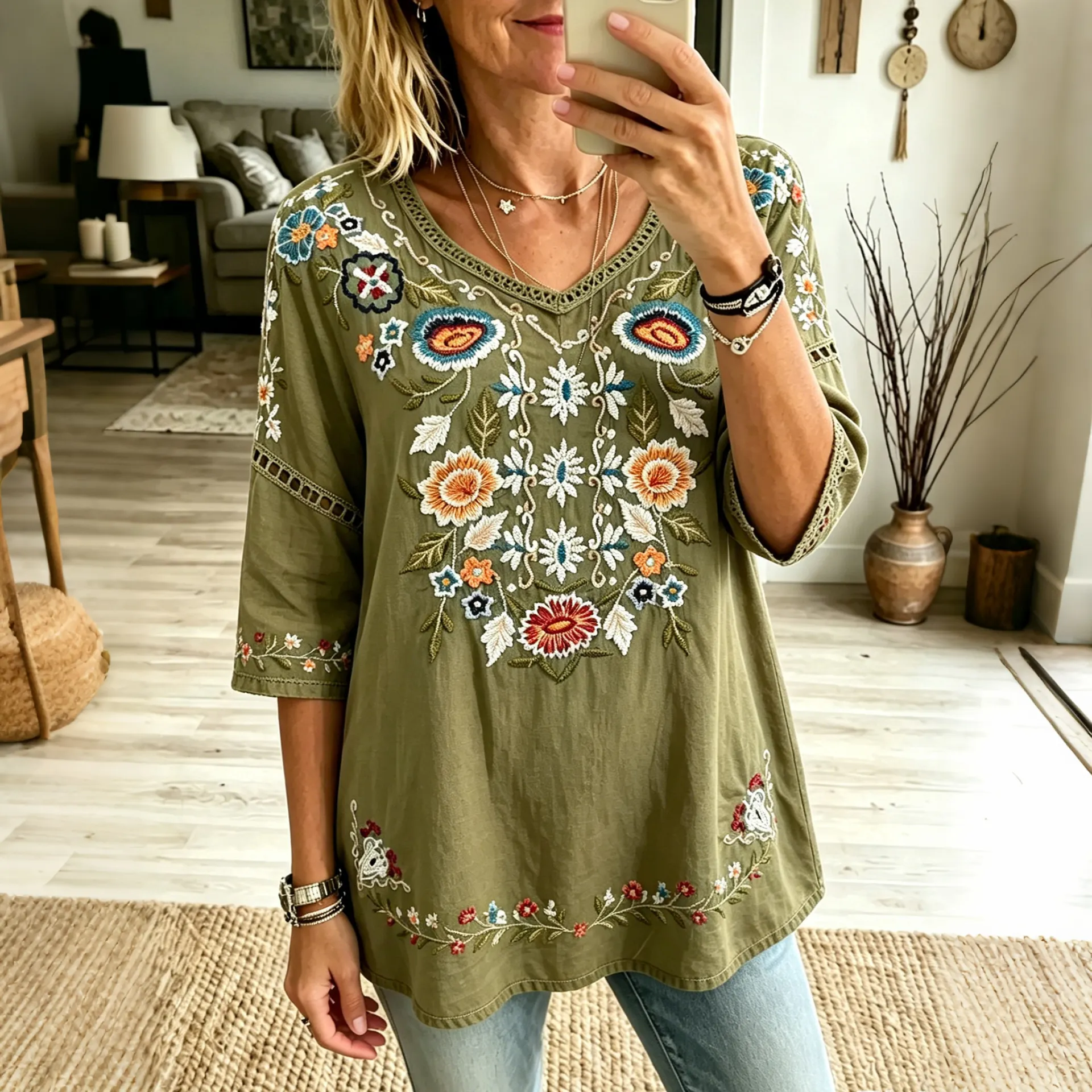 Women's Retro Floral Vacation Cotton Linen Top
