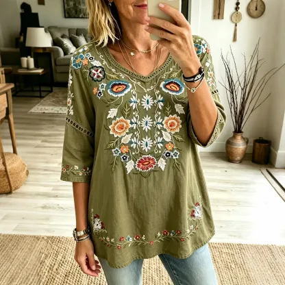 Women's Retro Floral Vacation Cotton Linen Top