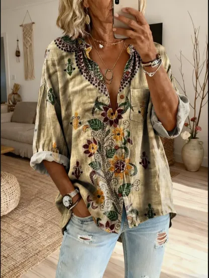 Women's Ethnic Floral Art Print Casual Cotton-Linen Shirt