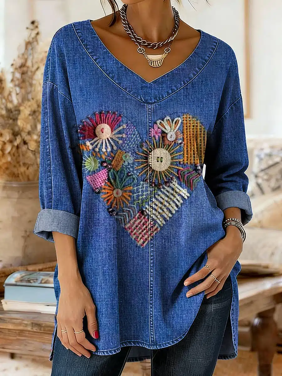 Women's Bohemian Vintage Heart Art Print Washed Denim Cotton Top