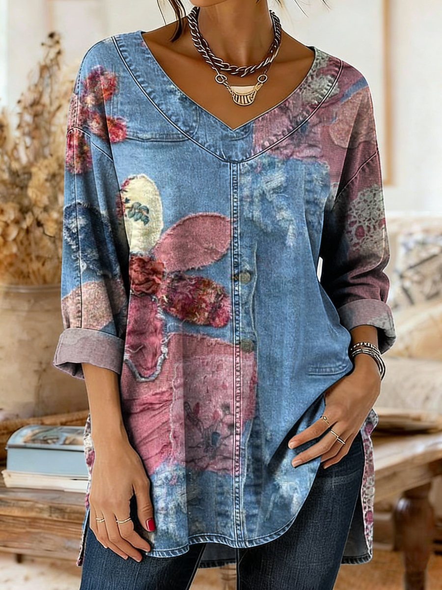 Women's Retro Floral Art Print Casual V-Neck Denim Top