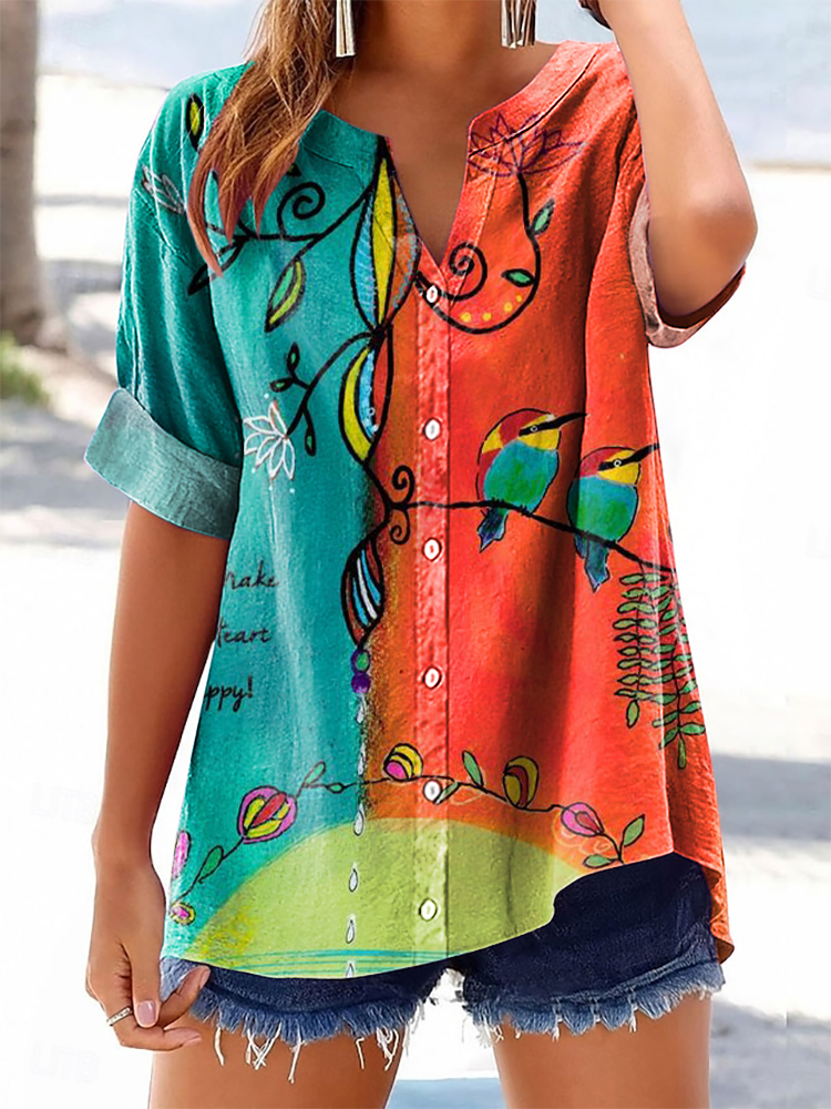 Women's Vintage Floral Bird Art Printed Casual Short Sleeve Cotton and Linen Shirt