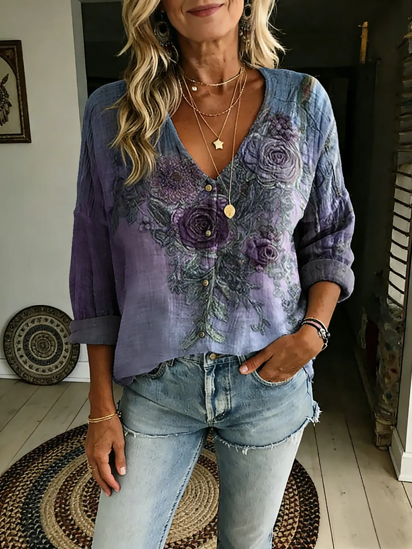 Women's Vintage Floral Art Print Casual V-Neck Shirt