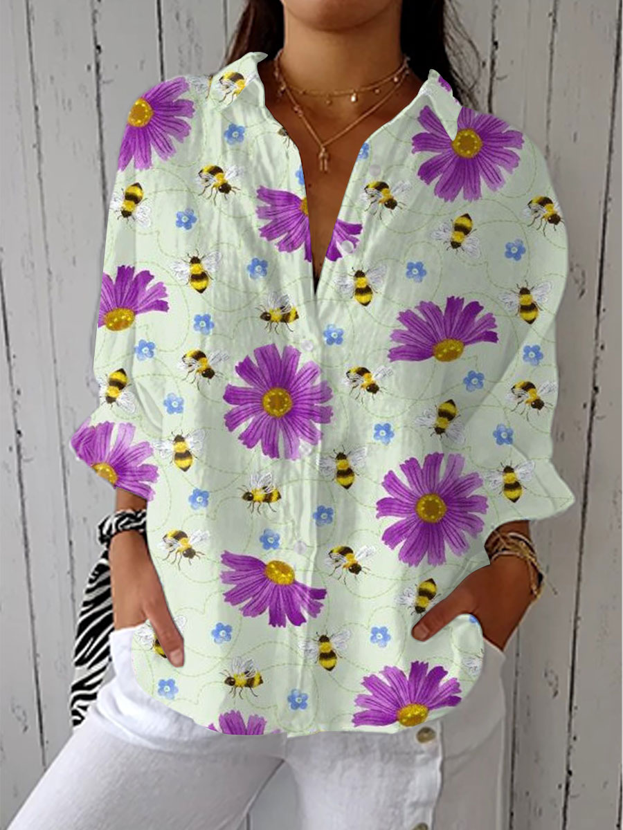 Women's  Vintage Bee Floral Art Print Casual Linen V-neck Shirt