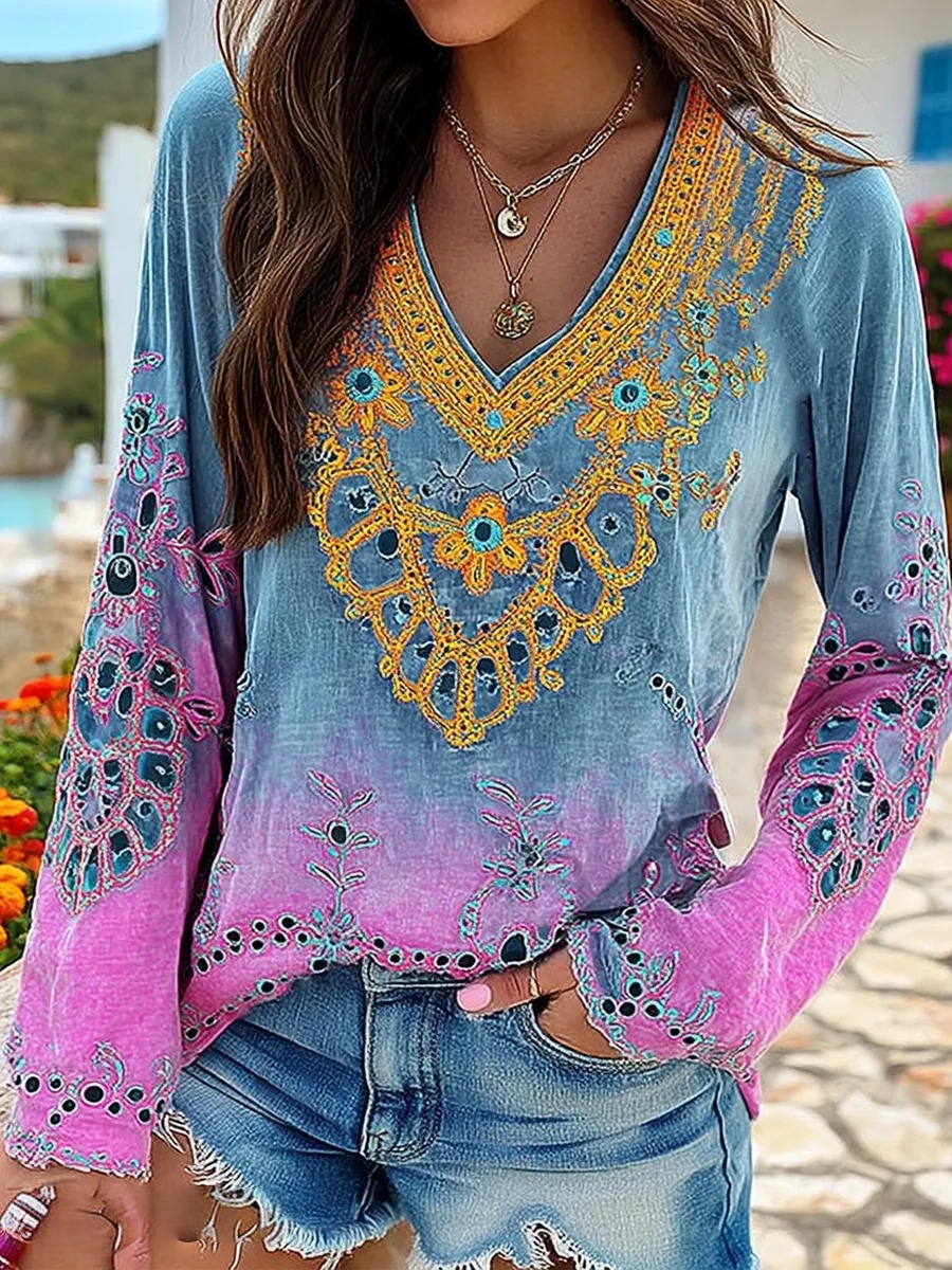 Women's Floral Art Print Casual V-neck Long Sleeve T-shirt