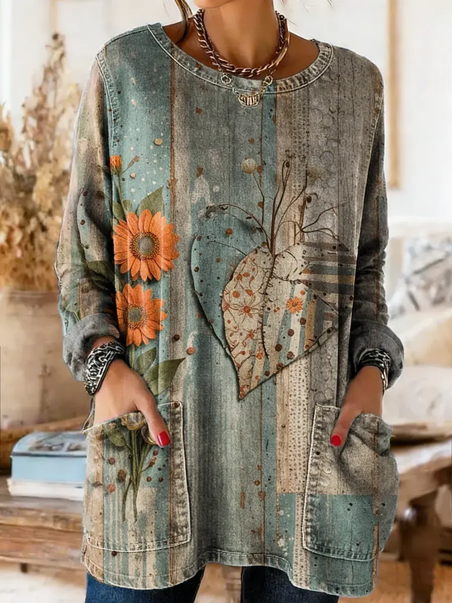 Bohemian Vintage Heart-shaped Art Print Casual Washed Denim Cotton Top