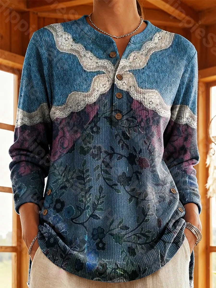 Women's Vintage Floral Art Print Casual Cotton Shirt