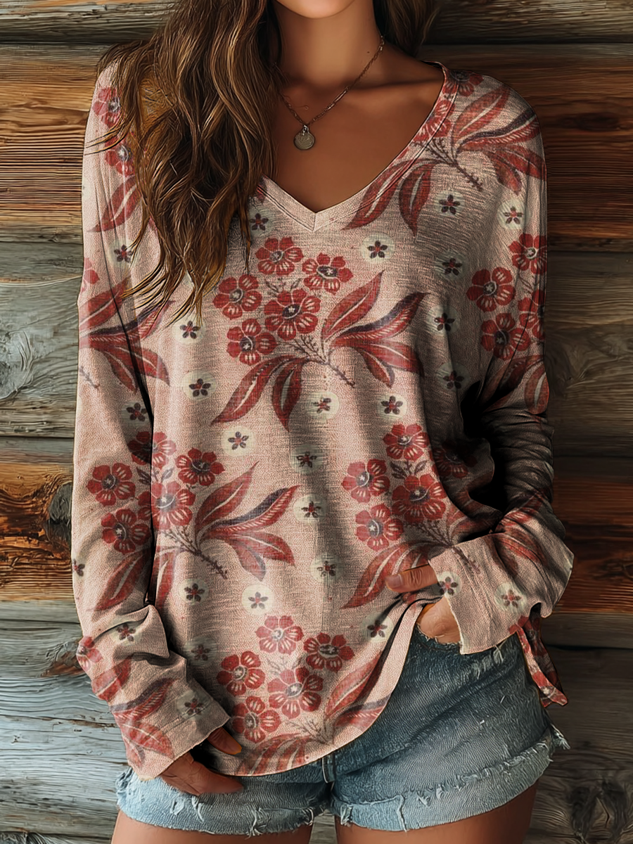 Women Vintage Ethnic Red Flower Art Print Casual V-neck Long Sleeve T-shirt
