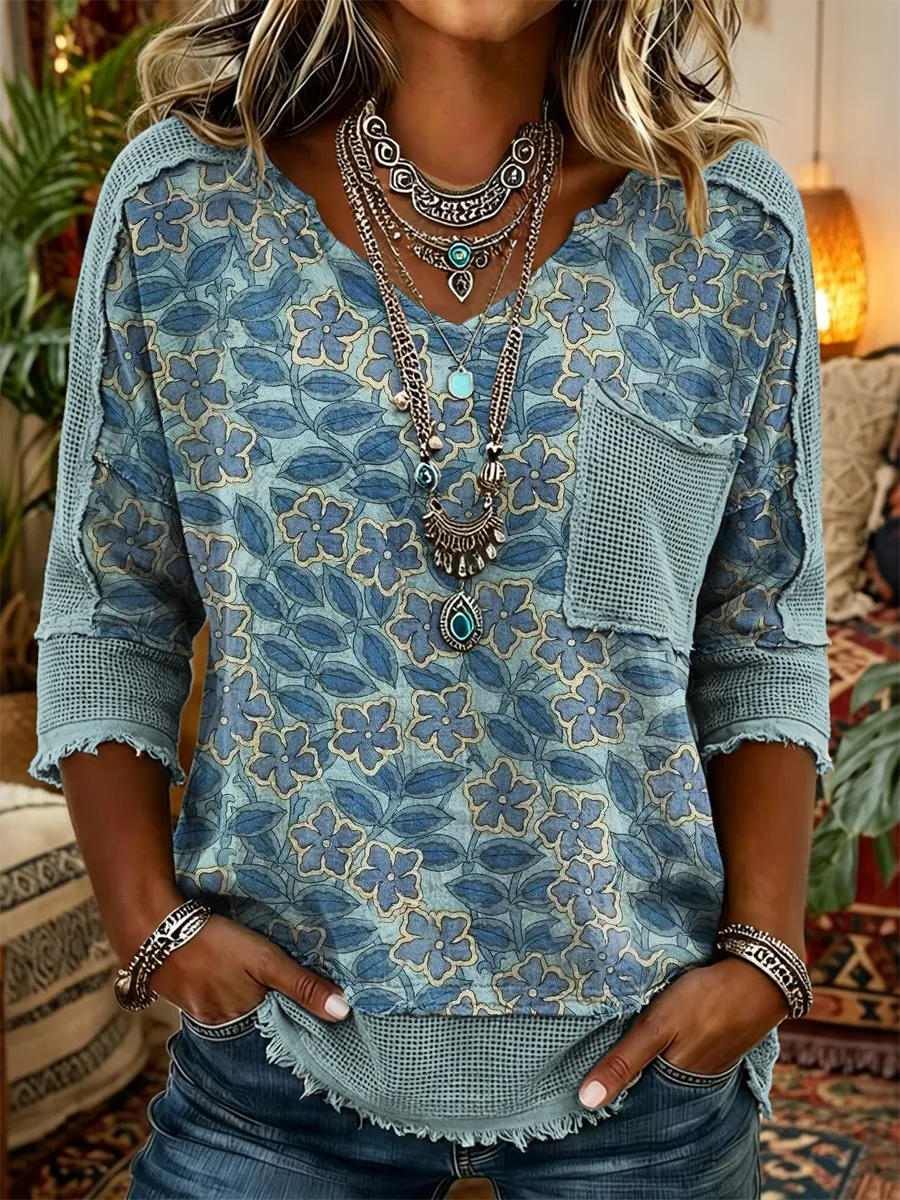 Women's Retro Ethnic Floral Art Print Casual Three-quarter Sleeve V-neck Patchwork Cotton Linen Shirt