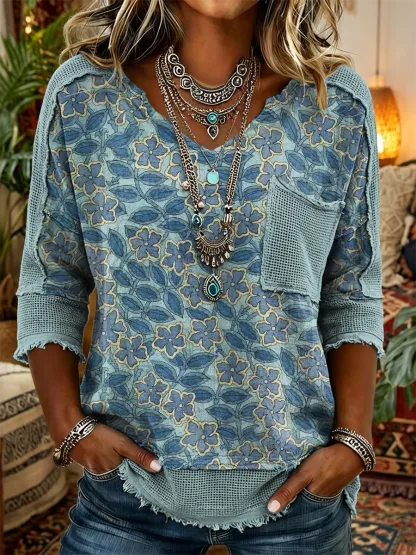 Women's Retro Ethnic Floral Art Print Casual Three-quarter Sleeve V-neck Patchwork Cotton Linen Shirt