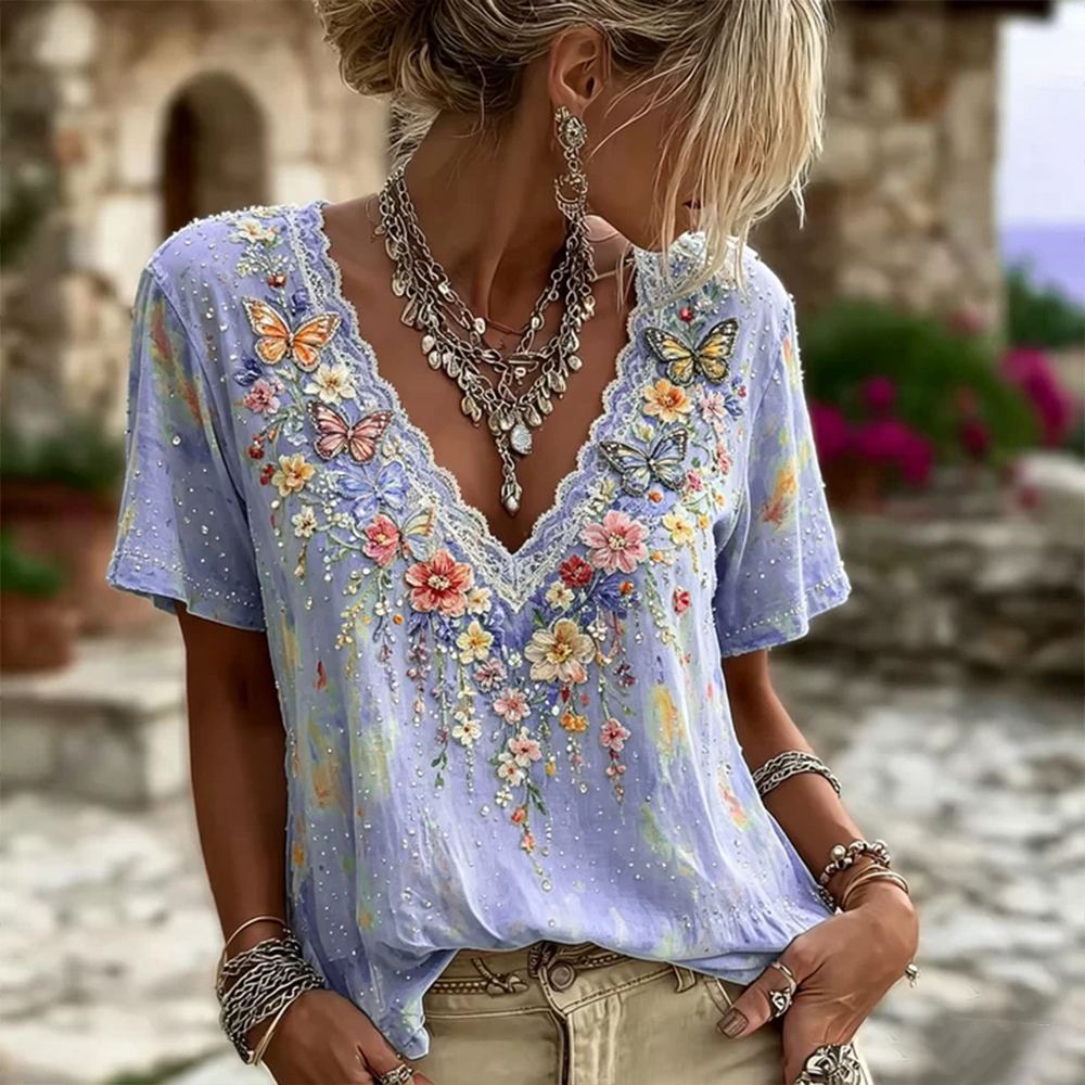 Women's Colorful Floral And Butterfly Art Embroidered Linen Blend Lace V-neck Short Sleeve Top