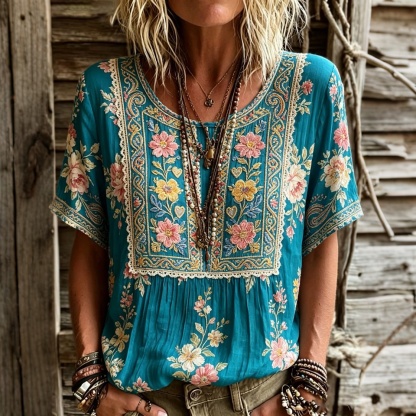 Women's Retro Floral Embroidered Art Round Neck Short Sleeve Linen Blend T-shirt