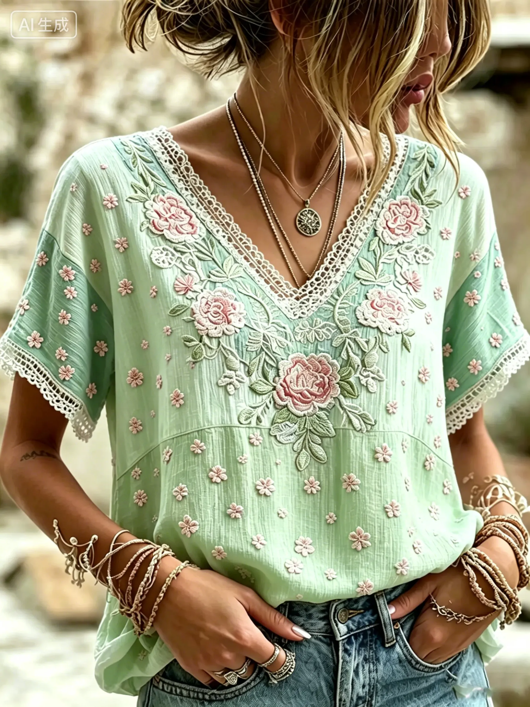 Women's Floral Patchwork Print Cotton Lace Trim V-Neck Blouse