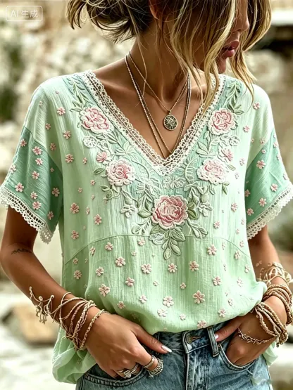 Women's Floral Patchwork Print Cotton Lace Trim V-Neck Blouse