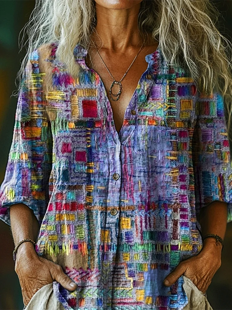 Women's Retro Ethnic Patchwork Art Pattern Print Casual V Neck Pullover Sweater